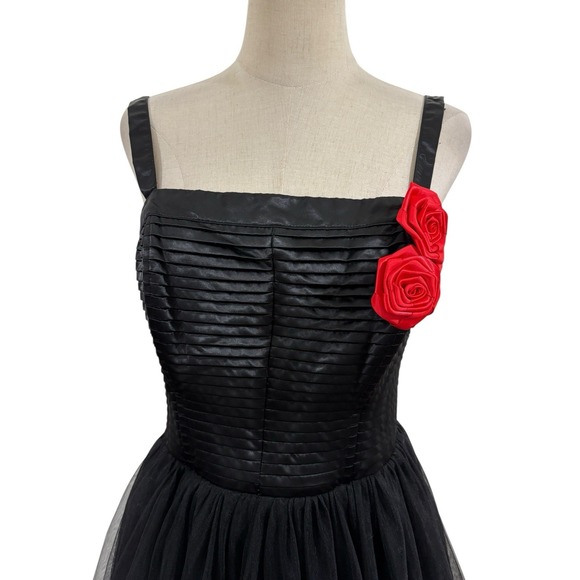 Unique Vintage Black Tulle Cocktail Dress Sz L Red Rose Rockabilly Retro Party - Picture 2 of 7